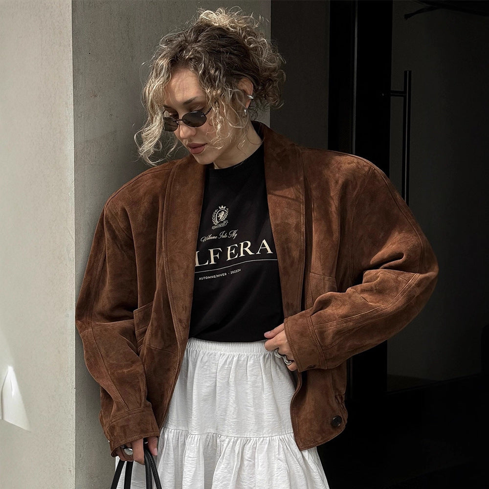 Women's Short Suede Boxy Jacket with Kimono-like Lapel Mune Fashion