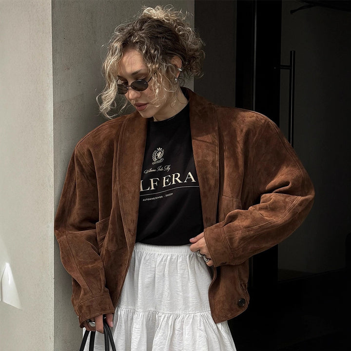 Women's Short Suede Boxy Jacket with Kimono-like Lapel Mune Fashion