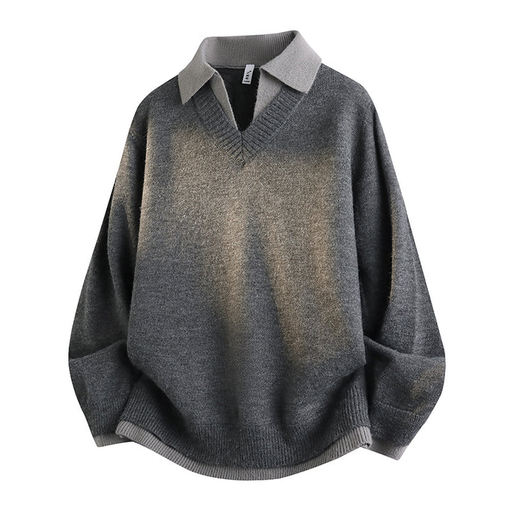 Unisex Casual Structured Knit Sweater with Open Polo Collar and Deep V-Neck Mune Fashion