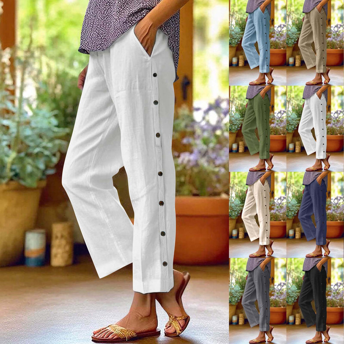 Ladies Light Relaxed Pants with Side Button Placket and Insert Pockets Mune Fashion