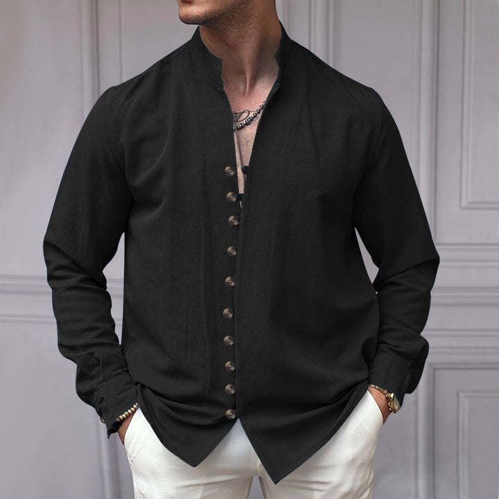 Men's elegant long-sleeve linen shirt with stand-up collar, asymmetrical button placket, and slim fit Mune Fashion