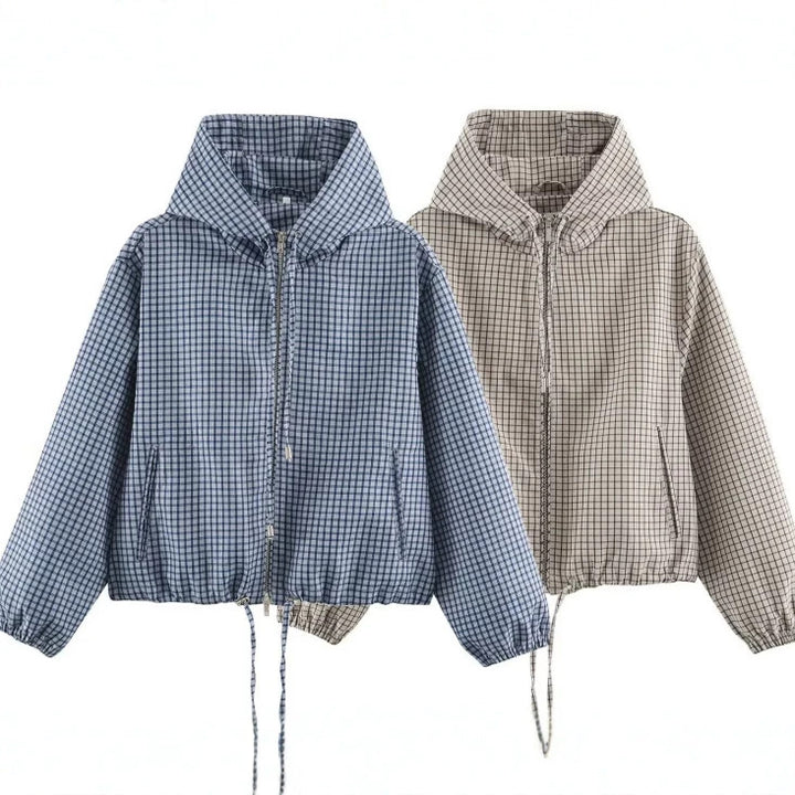 Women Checked Cropped Hoodie with Drawstring Hem and Two-Way Zip Mune Fashion