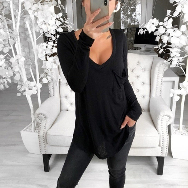 Women's Casual Oversize Tunic with V-Neck, Chest Pocket and Extended Hem Mune Fashion