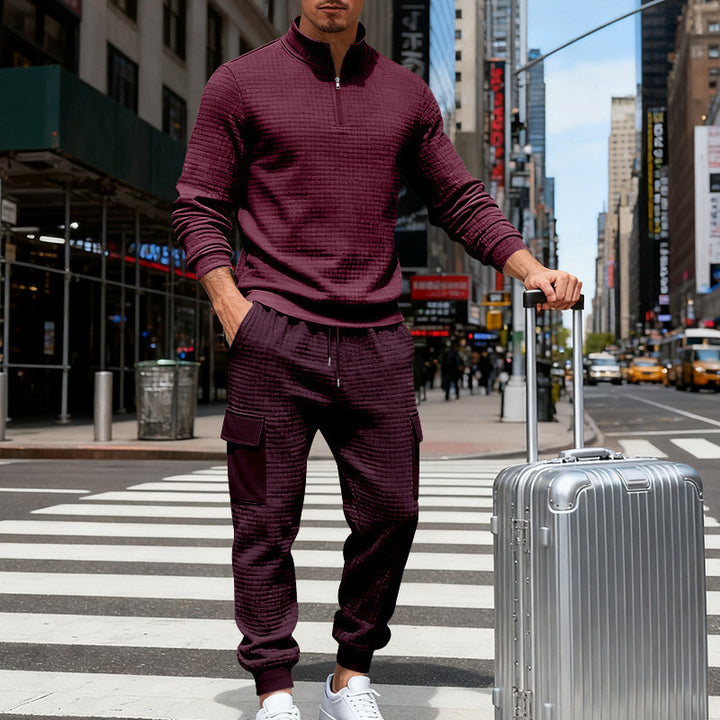 Men's nan cargo jogger suit with half zipper, structured waffle knit look and elastic waistband Mune Fashion