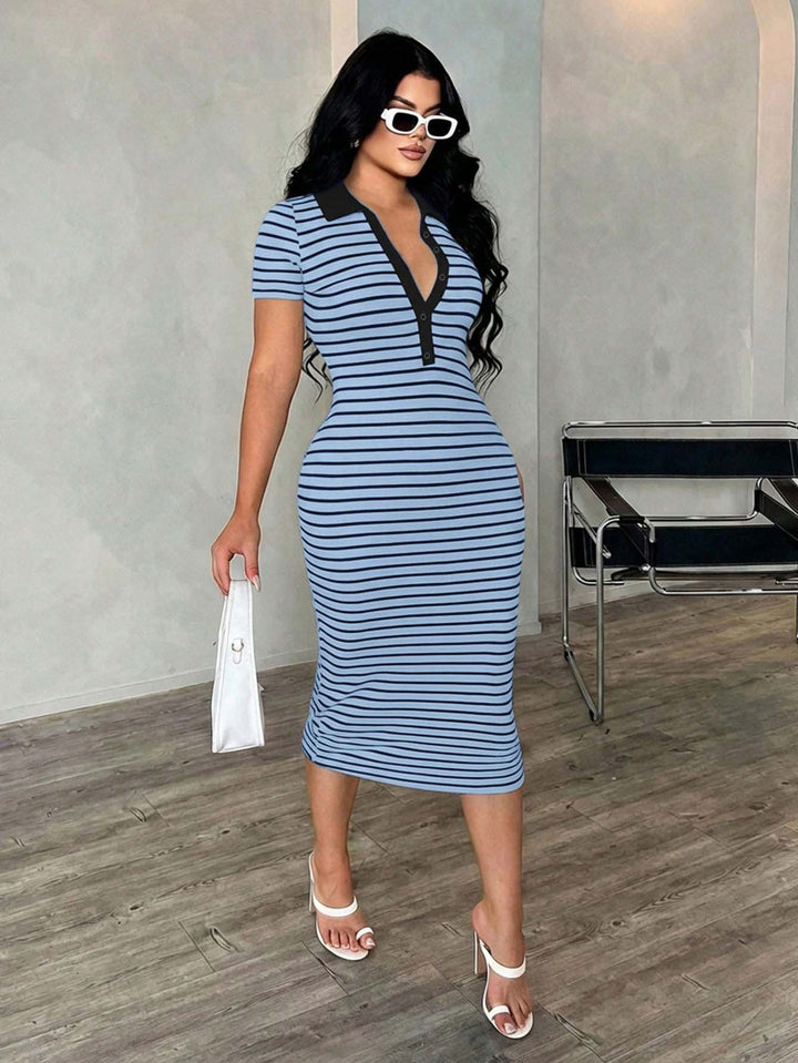Women's Fitted Polo Dress in Stripe Look made of Rib Knit with Short Sleeves Mune Fashion