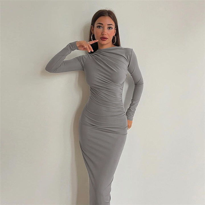 Women's gathered maxi dress with asymmetrical neckline and fitted silhouette Mune Fashion