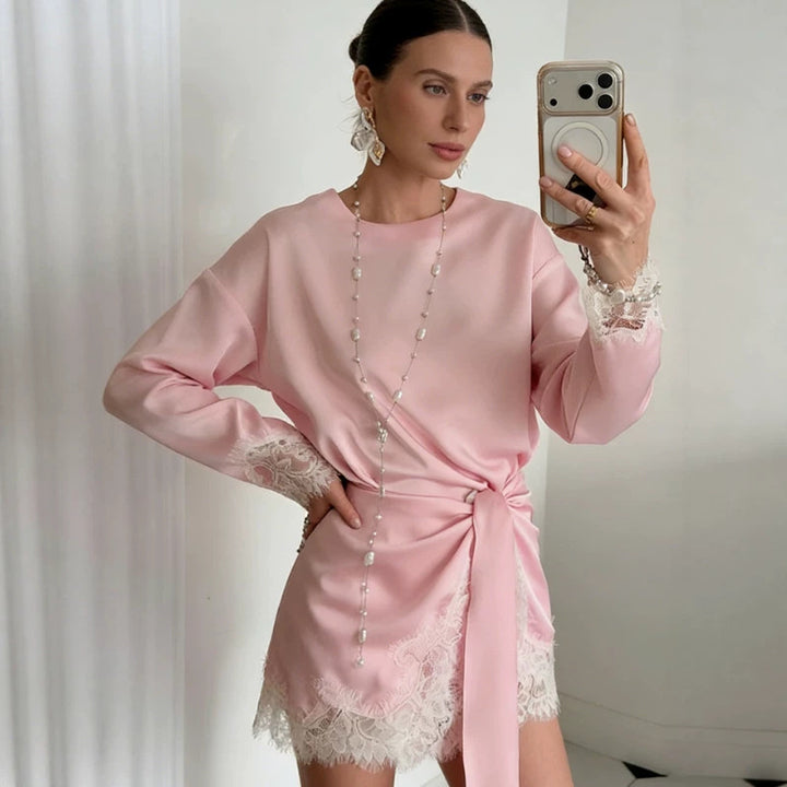 Women Silk Long Sleeve Shirt with Lace Trim at Hem and Cuffs Mune Fashion