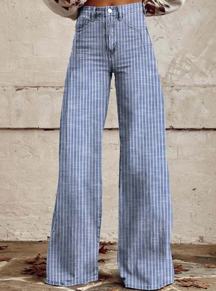 Women's wide trousers with a high waistband in linen look and vertical pinstripes flared trousers Mune Fashion