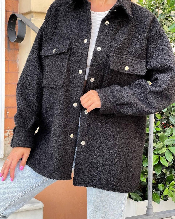 Women's Oversized Teddy Transitional Jacket with Chest Pockets and Snap Buttons Mune Fashion