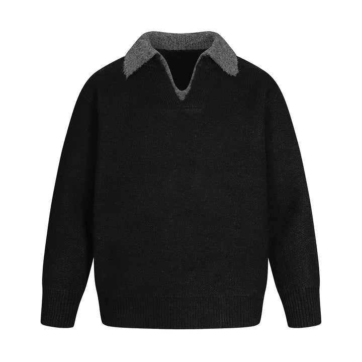 Women Oversize Wool Blend Sweater with Contrast Polo Collar and V-Neck Mune Fashion