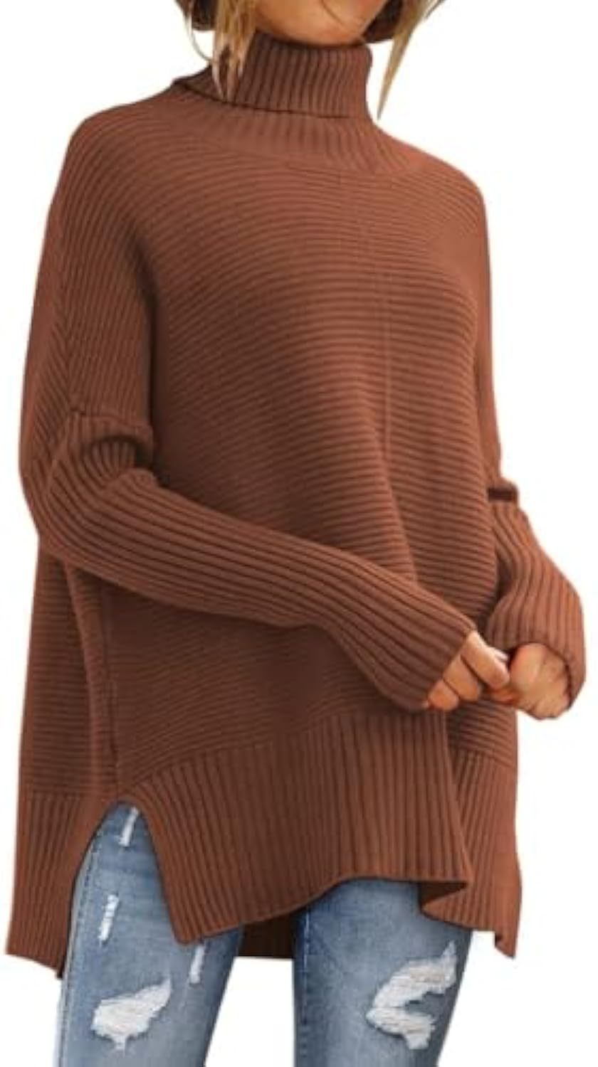 Women Oversize Ribbed Turtleneck Sweater with Side Slits and Extended Hem