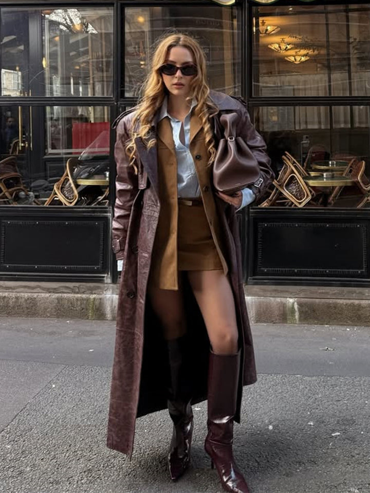 Women Long Trench Coat Made of Faux Leather with Oversized Shoulders and Tailored Silhouette Mune Fashion