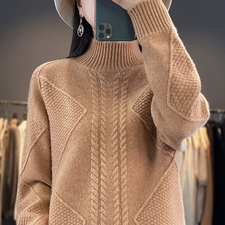 Women's Soft Cable Knit Mock Neck Sweater with Structure Patches and Fluffy Mohair Look Mune Fashion