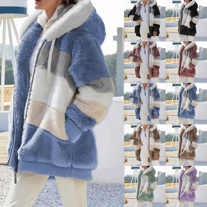 Women's Oversize Teddy Fur Hooded Jacket with Color Block Stripes, High-Quality Zipper and Ribbed Cuffs Mune Fashion
