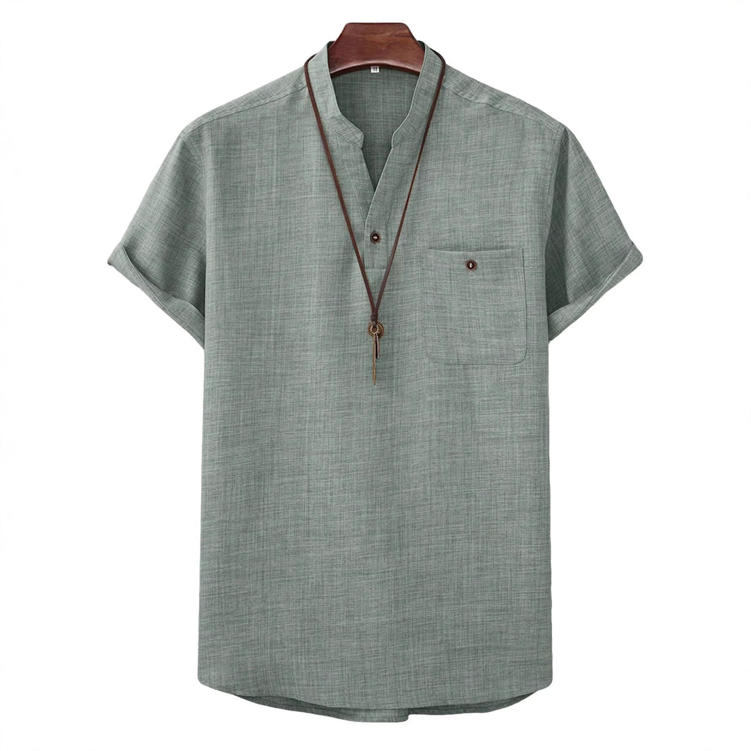 Men's casual Mandarin-style short-sleeve shirt with half-button placket, patch chest pocket, and rounded hem Mune Fashion
