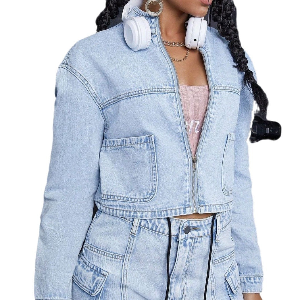 Women Cropped Denim Set consisting of short denim jacket and High-Waist Cargo Jeans Mune Fashion