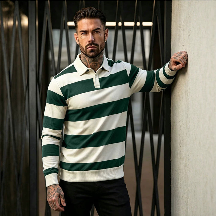 Men's striped rugby polo sweater with button placket and ribbed cuffs Mune Fashion