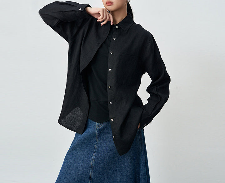 Women High-Quality Linen Blouse with Long Sleeves Mune Fashion