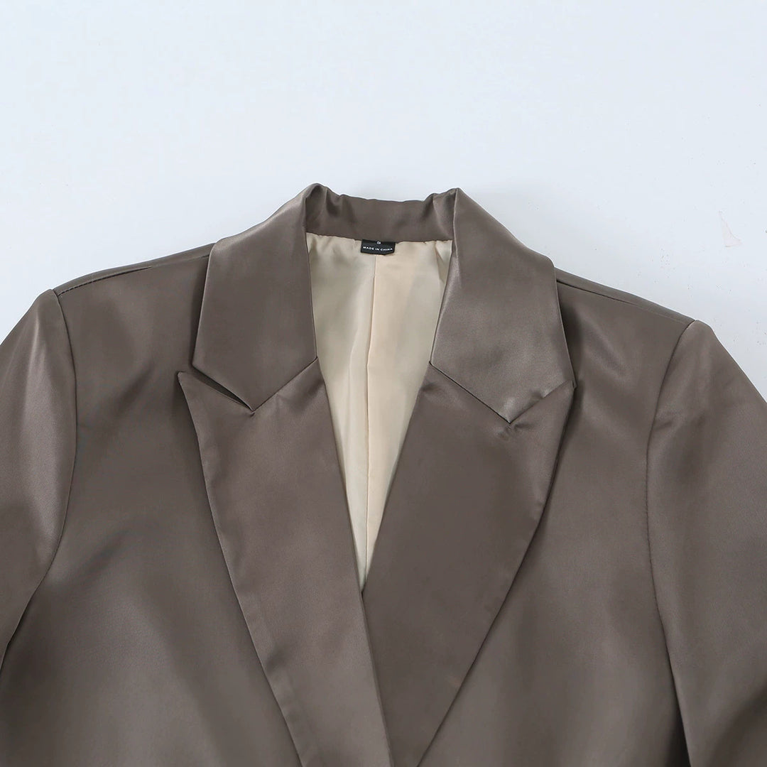 Women's Oversized Double-Breasted Blazer in Satin Faux Leather Look Mune Fashion