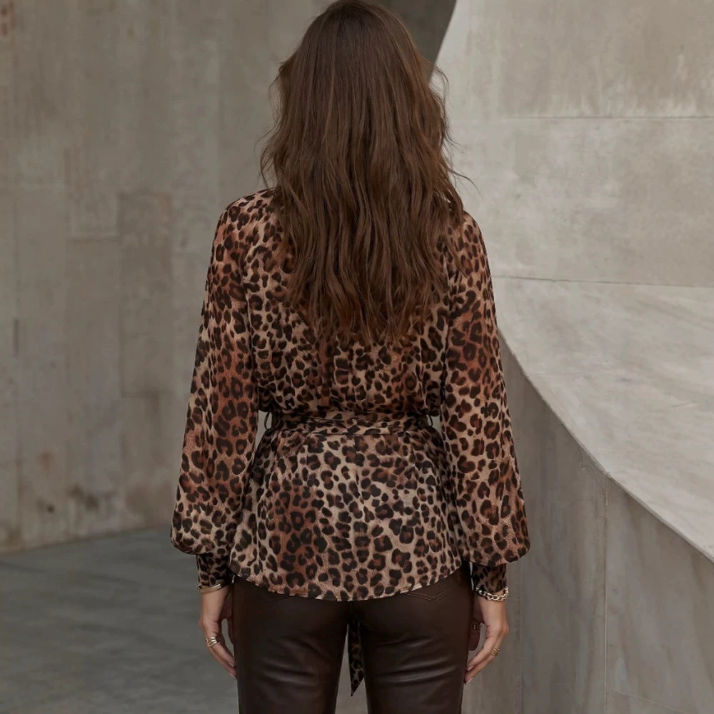 Women Chiffon blouse with leopard print, stand-up collar and tie bow Mune Fashion