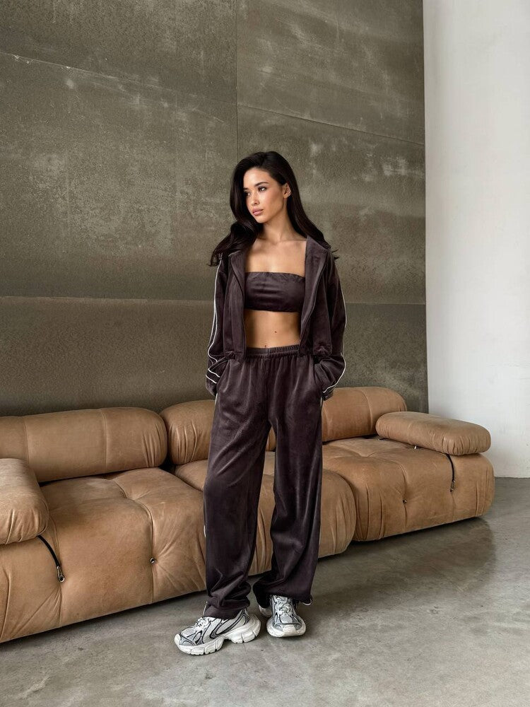 Women's three-piece velvet lounge set with bandeau top, hooded zip jacket, and wide high-waist palazzo pants Mune Fashion