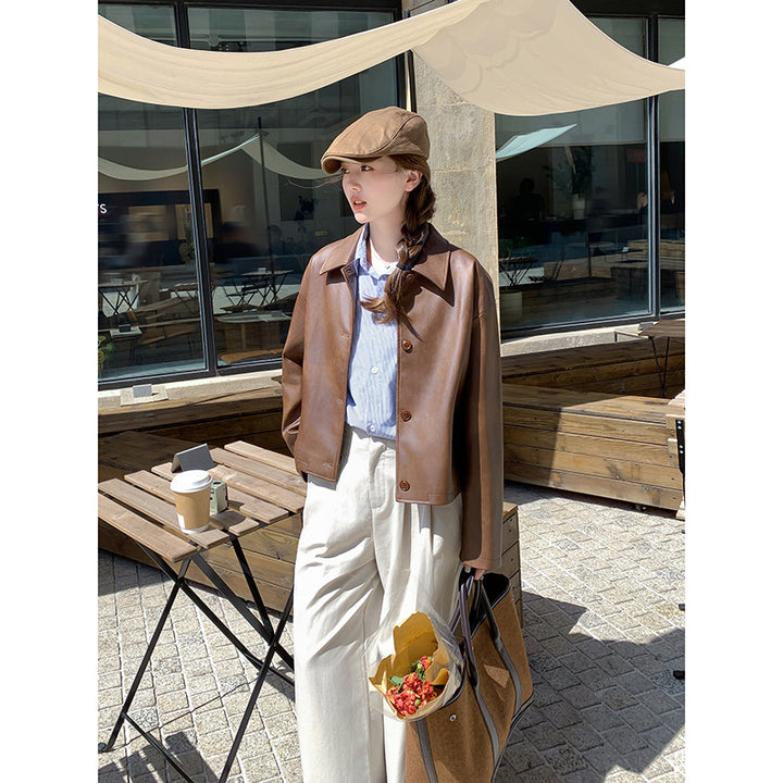 Women Short Boxy Leather Jacket with Shirt Collar Mune Fashion