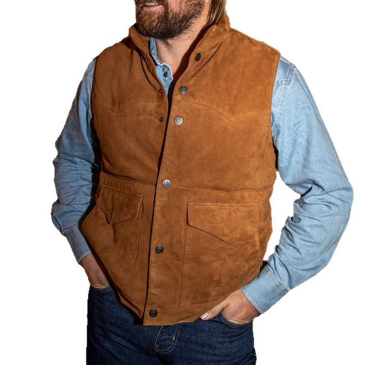 Men's suede vest with stand-up collar and patch pockets Mune Fashion