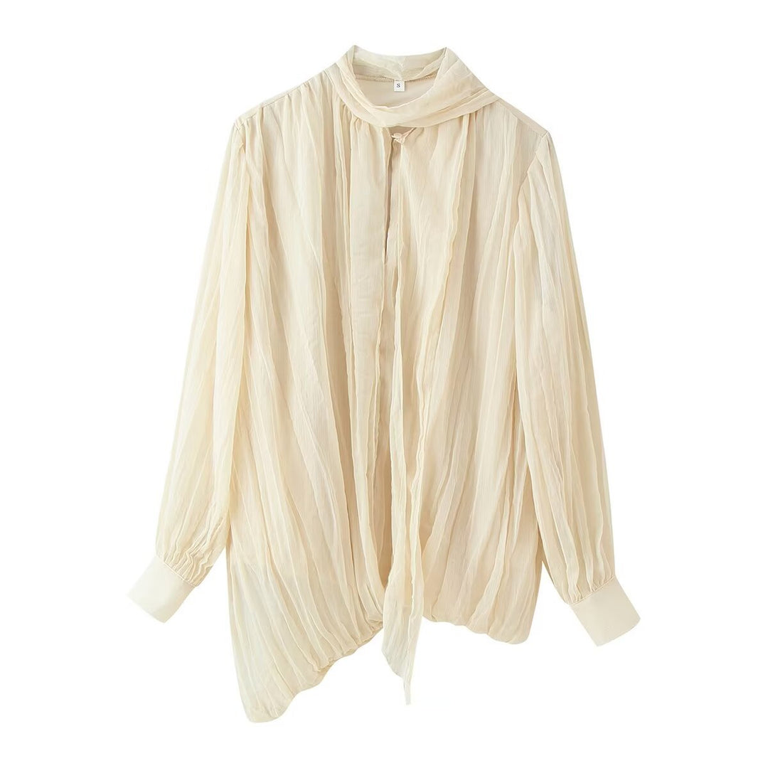 Women Pleated Chiffon Blouse with Bow Collar and Gathered Hemline Mune Fashion