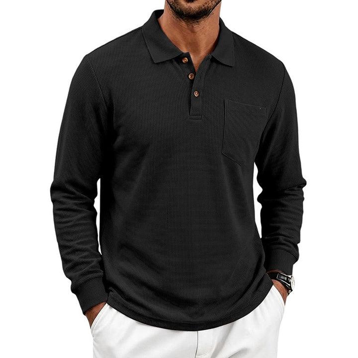 Men's Long Sleeve Waffle Piqué Polo with Button Placket and Chest Pocket Mune Fashion
