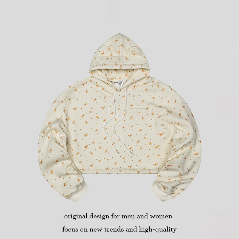 Women's Cropped Hoodie Sweatshirt with Allover Floral Print, Chest Pocket and Ruffled Hem Mune Fashion