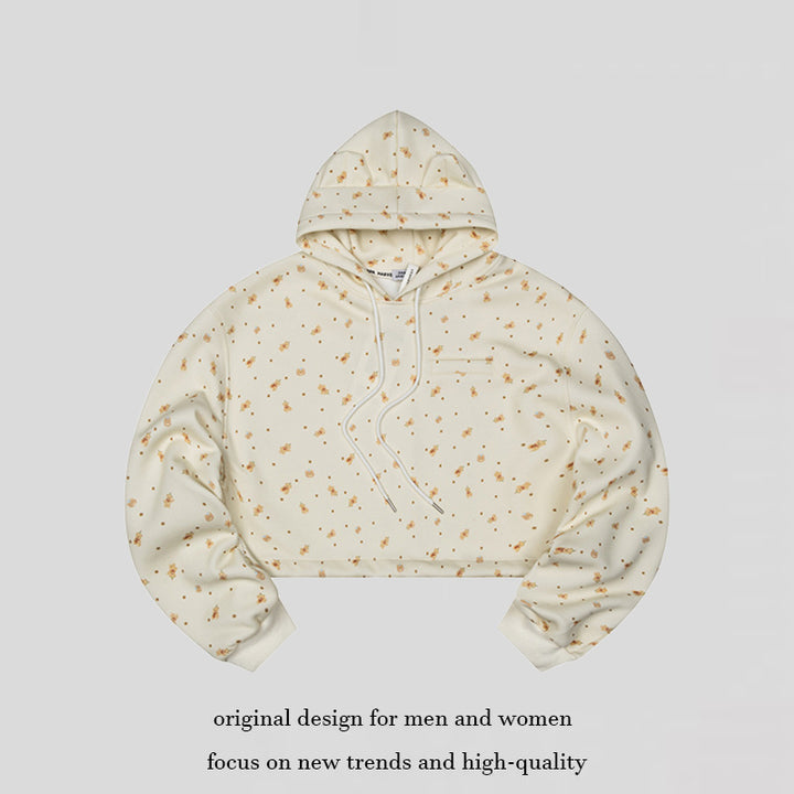 Women's Cropped Hoodie Sweatshirt with Allover Floral Print, Chest Pocket and Ruffled Hem Mune Fashion