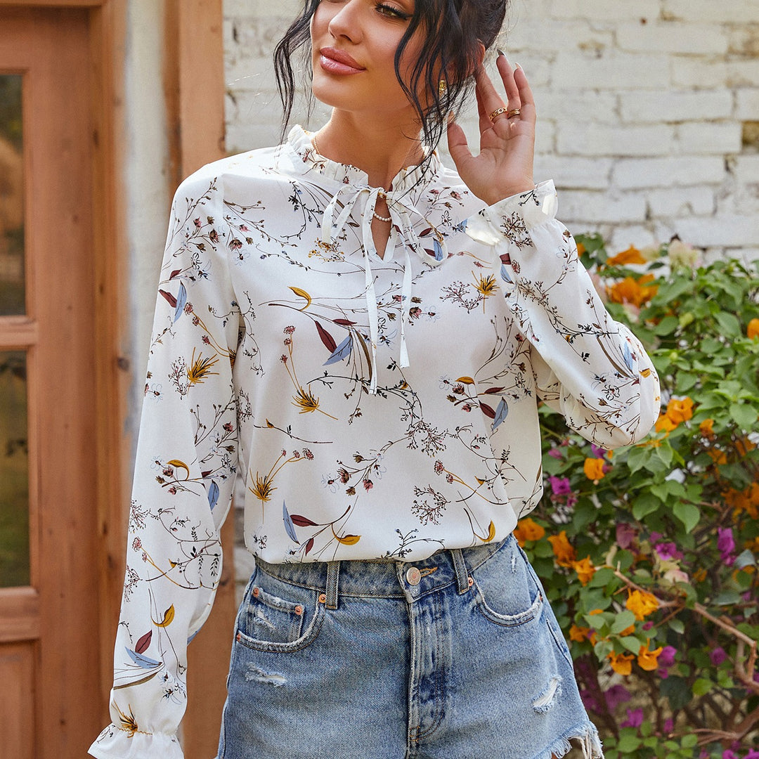 Women's Lightweight Chiffon Blouse with Ruffle Collar, Tie Closure and Floral Print Mune Fashion