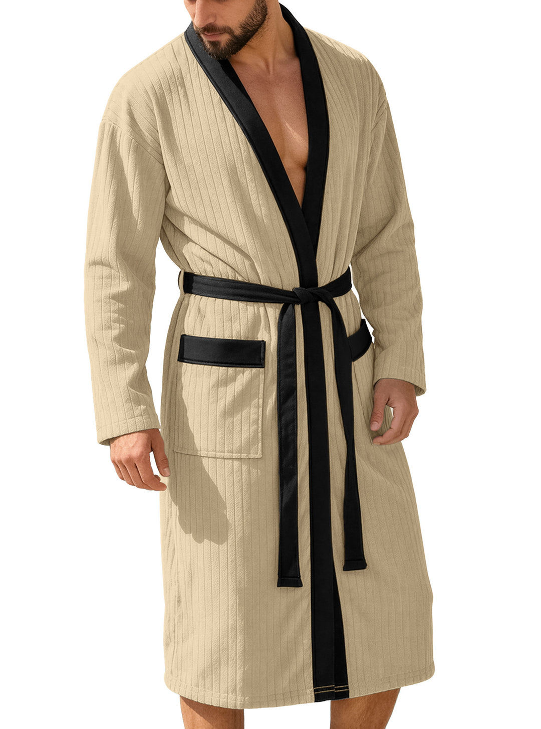 Men's knee-length ribbed kimono-style bathrobe with shawl collar and contrast piping Mune Fashion