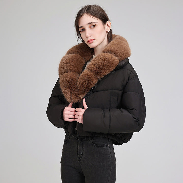 Women's cropped isolation jacket with voluminous faux fur shawl collar and elastic hem Mune Fashion
