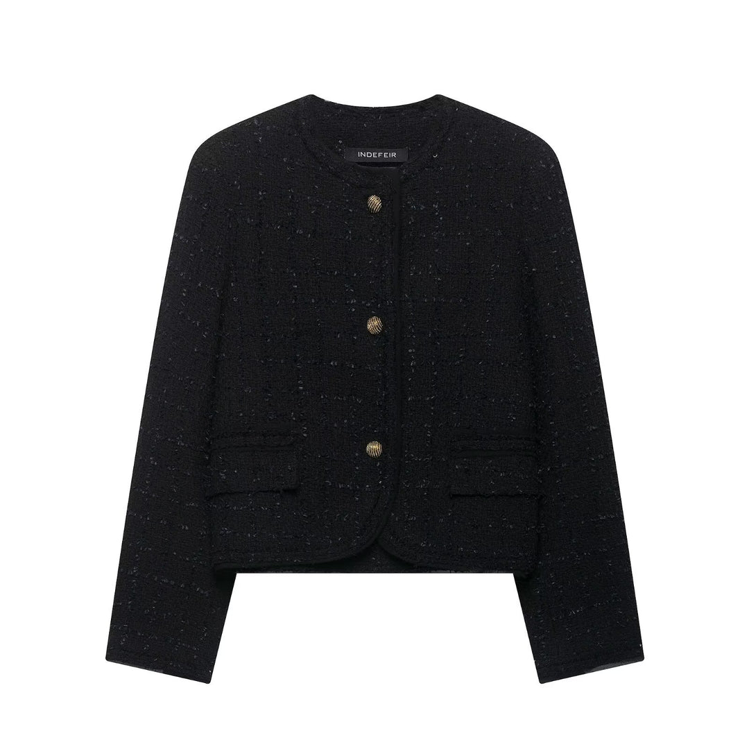 Women's Short Bouclé Tweed Jacket without Collar with Gold Decorative Buttons Mune Fashion