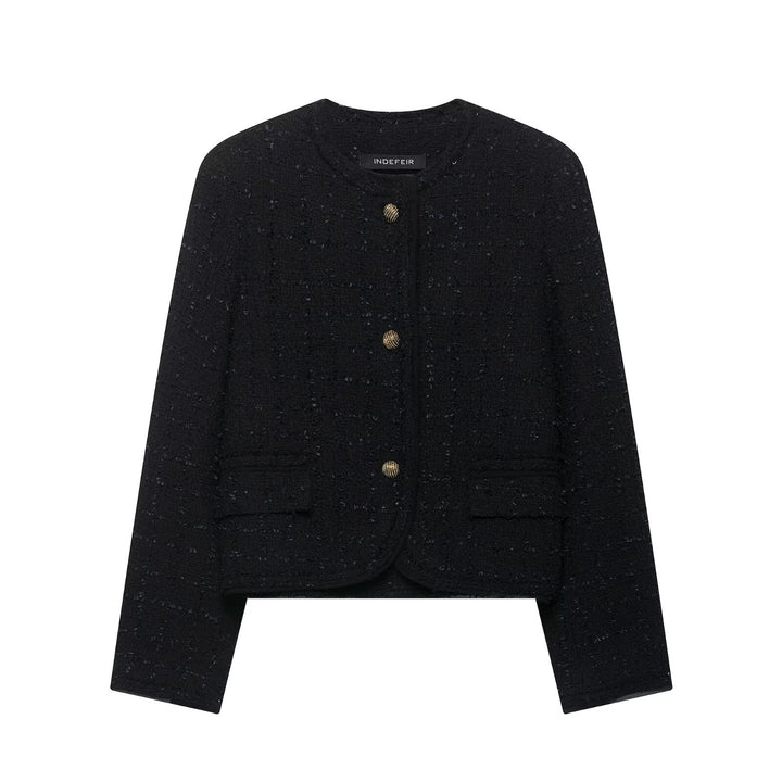 Women's Short Bouclé Tweed Jacket without Collar with Gold Decorative Buttons Mune Fashion