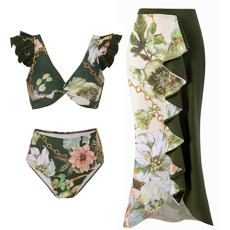 Women’s Bikini Set with Decorative Ruffle Design and Transparent Beach Tunic Mune Fashion