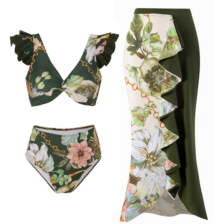 Women’s Bikini Set with Decorative Ruffle Design and Transparent Beach Tunic Mune Fashion