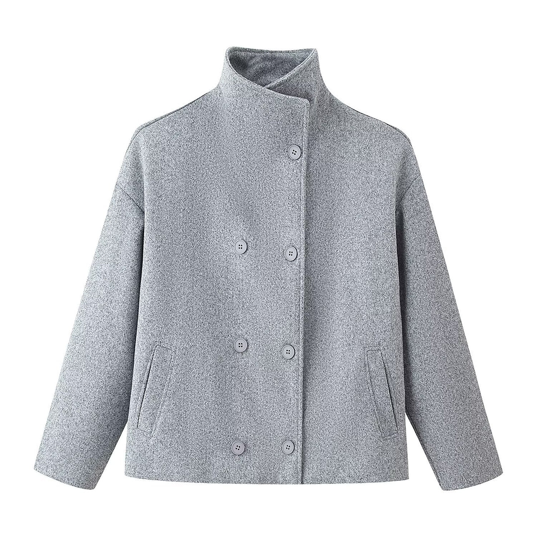 Women's Boxy Double-Breasted Short Coat made of Wool Blend with Stand-Up Collar Mune Fashion
