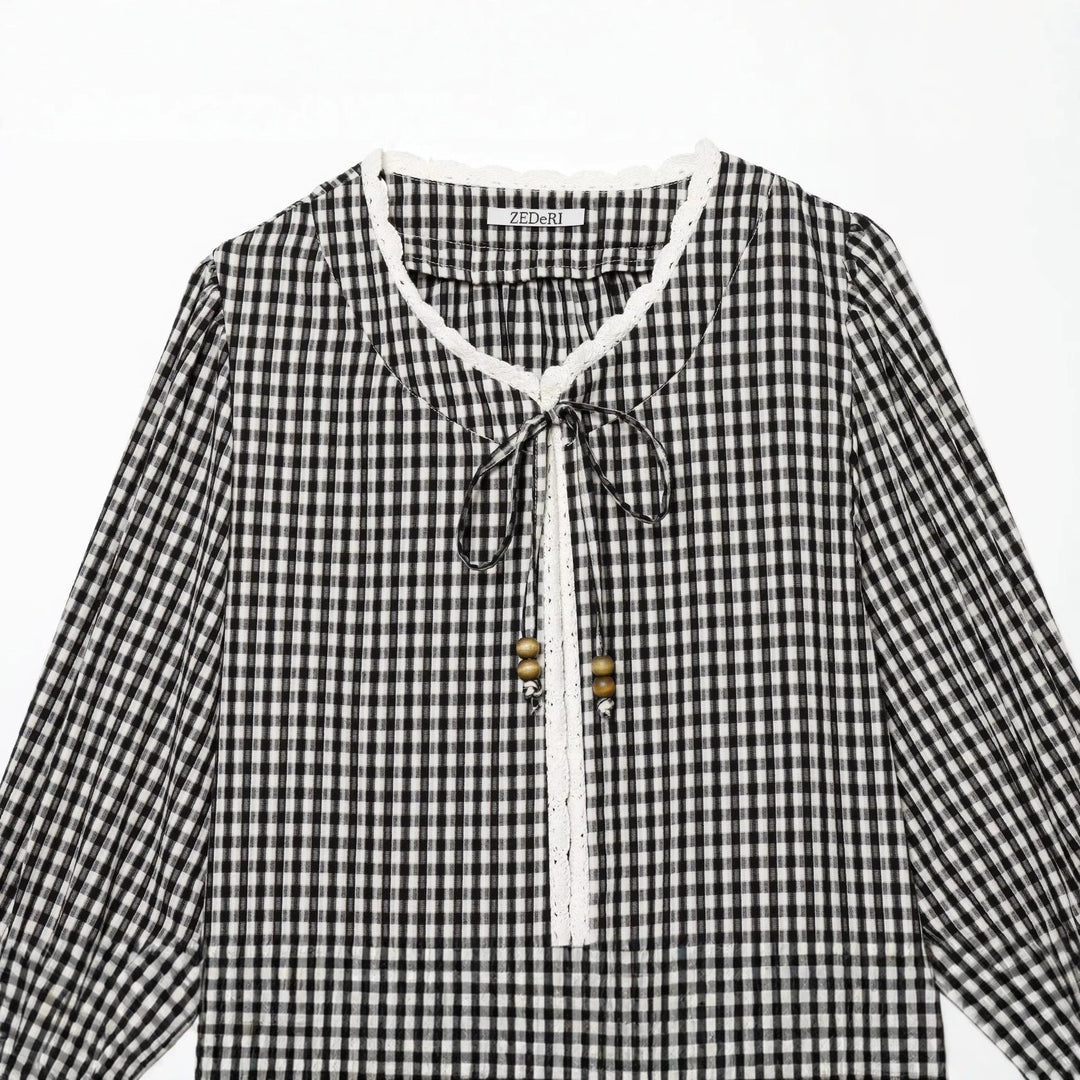 Ladies Vichy Check Blouse with Lace Trim, Tie Band and Three-Quarter Balloon Sleeves Mune Fashion
