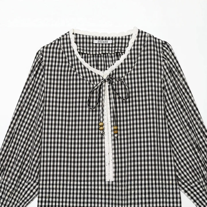 Ladies Vichy Check Blouse with Lace Trim, Tie Band and Three-Quarter Balloon Sleeves Mune Fashion