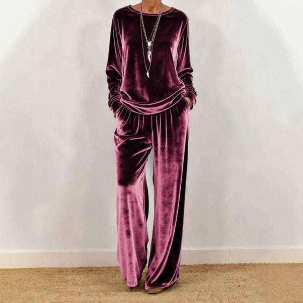 Women Velvet Loungewear Set with Wide Leg, Elastic Waistband and Round Neckline Mune Fashion