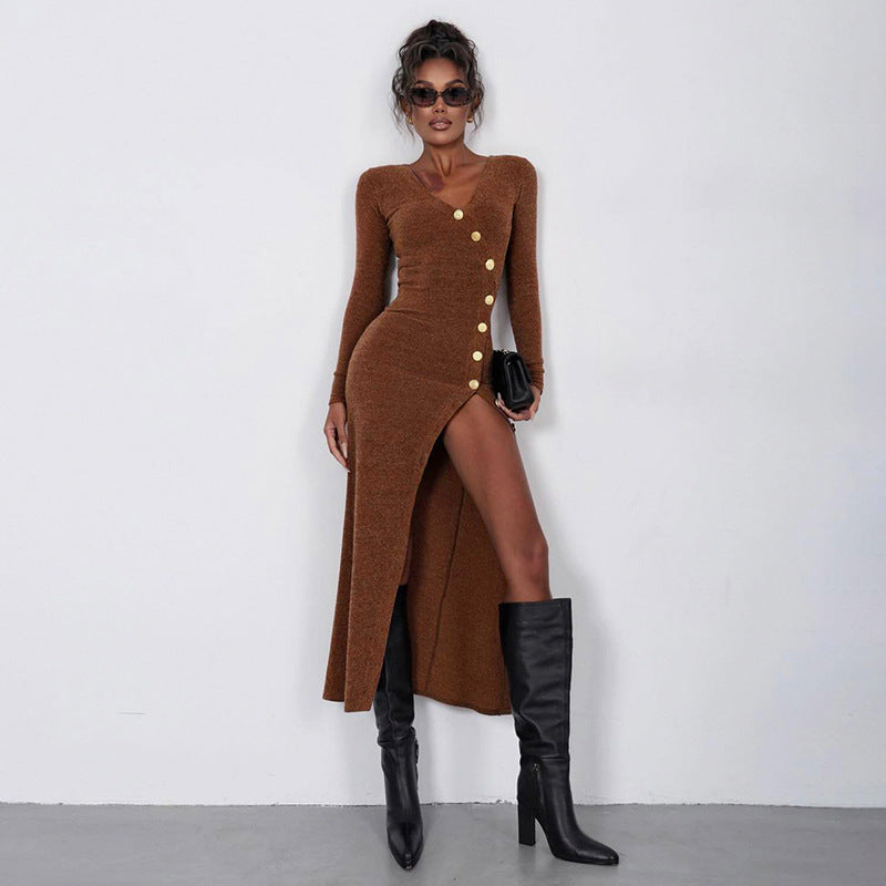 Women’s body-hugging midi dress with asymmetrical button placket, deep V-neck, and high side slit Mune Fashion