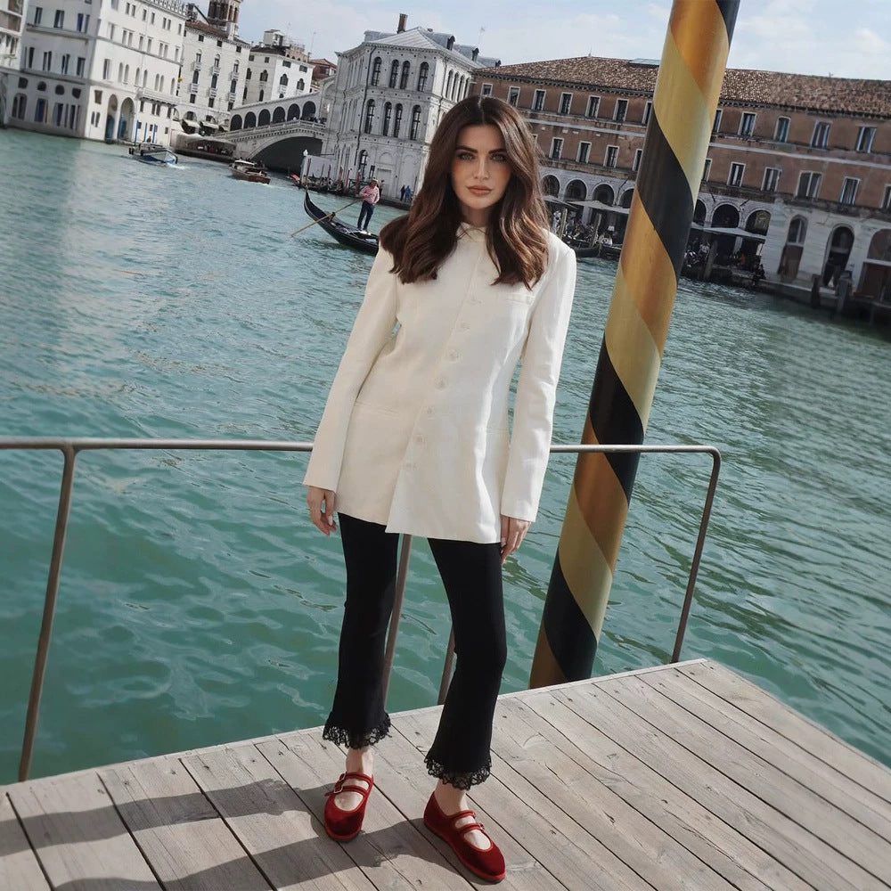 Women's tailored long blazer with a stand collar, boxy shoulder, and concealed button placket Mune Fashion