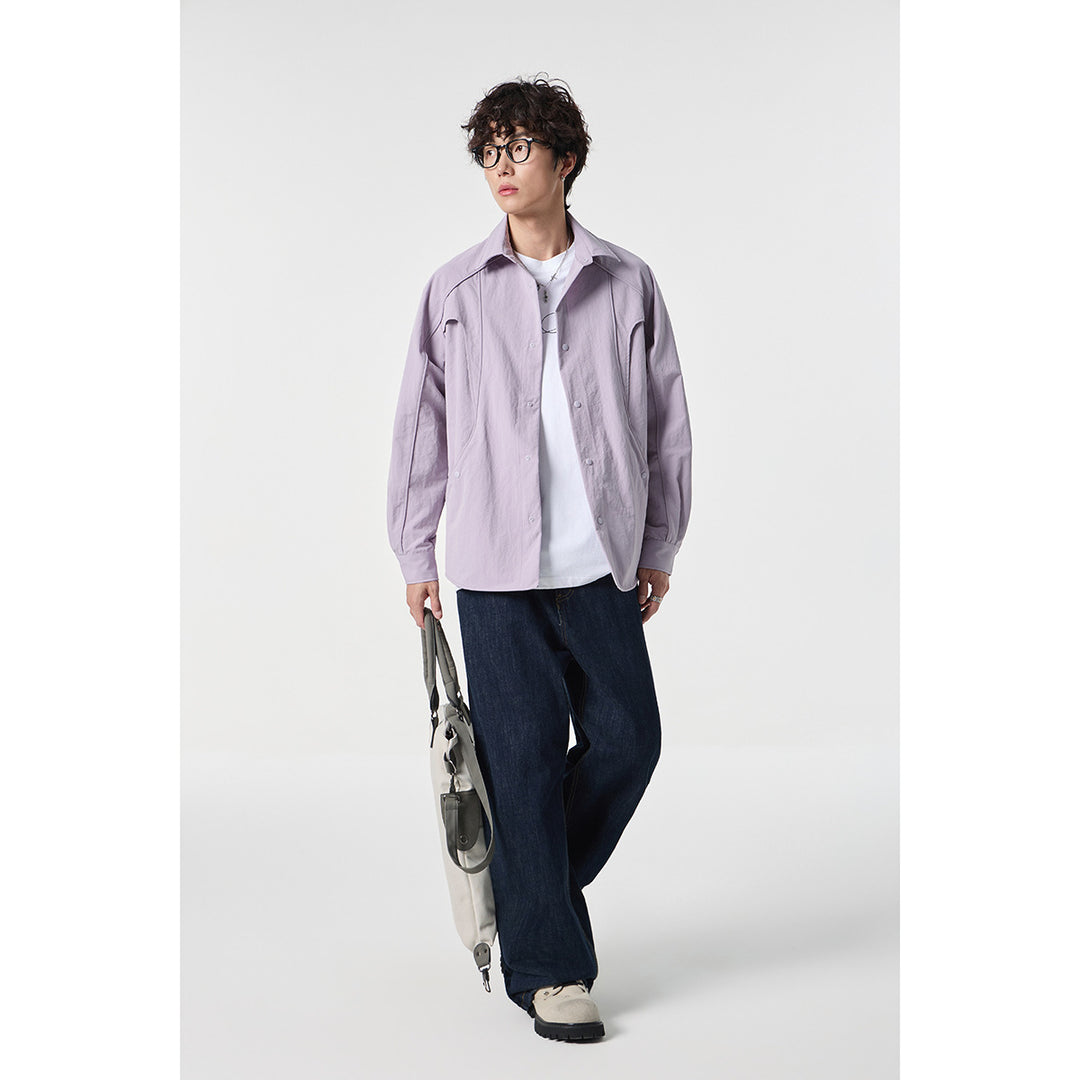 Women's Oversized Shirt Jacket with Curved Seam and Snap Button Placket Mune Fashion