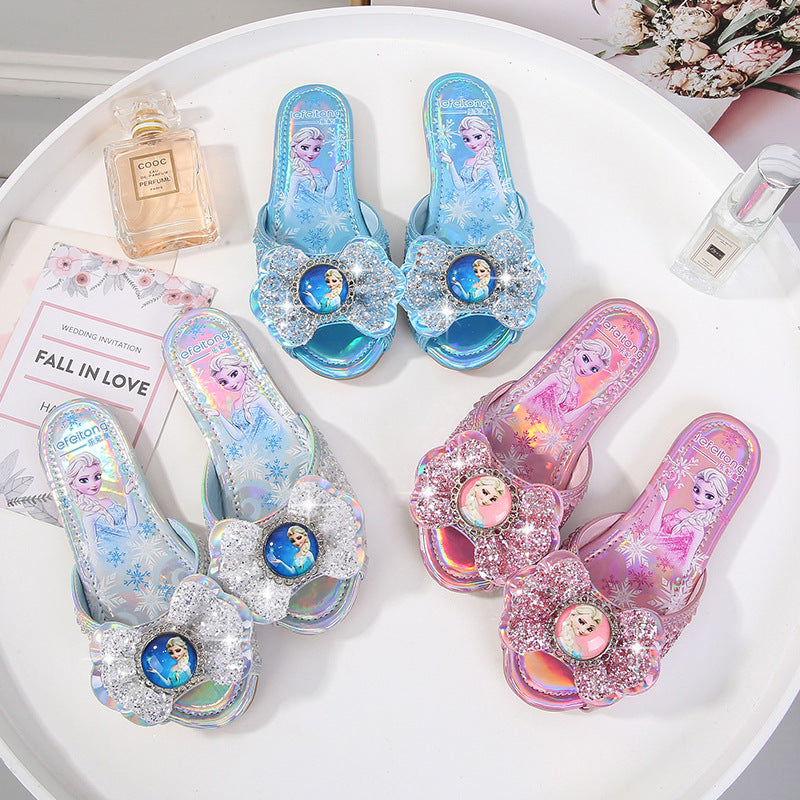 Girl Glittering Slippers with Flower Application Mune Fashion