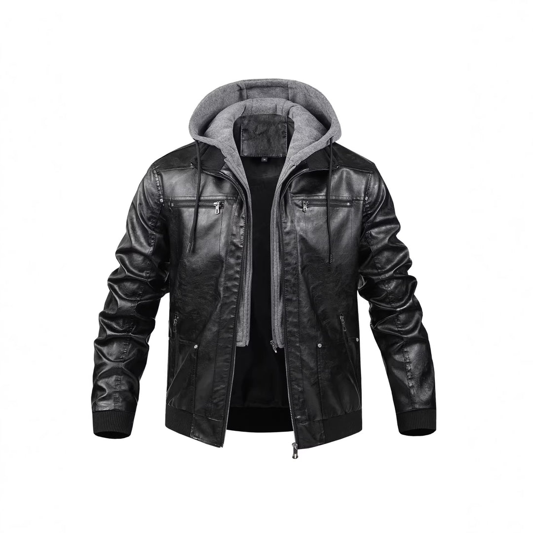 Men's Fashion Faux Leather Jacket with Removable Hood Mune Fashion