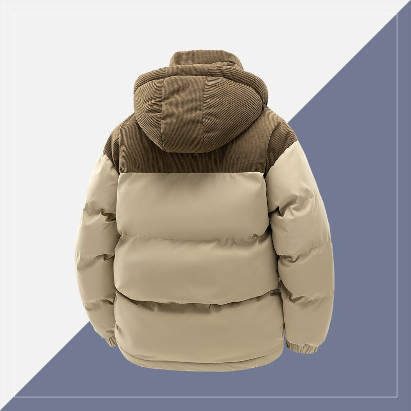 Men's padded quilted jacket with high hood, corduroy shoulder panels, and two-way zipper Mune Fashion