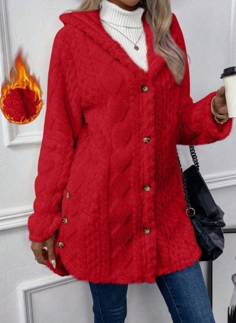 Women's hooded teddy coat with cable pattern, decorative buttons and warm fleece lining Mune Fashion