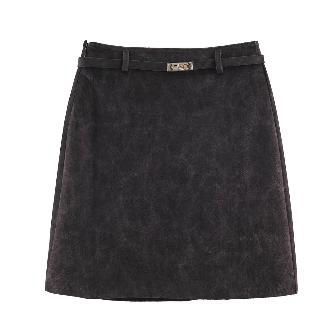 Women A-line mini skirt made of faux suede with narrow decorative belt Mune Fashion